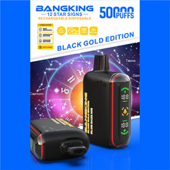 Black Gold Edition rechargeable device with 12 star sign theme and “50,000 puffs” text on blue packaging