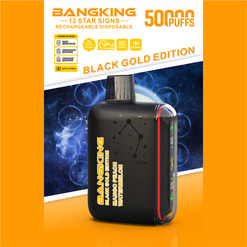 Black Gold Edition rechargeable vape with charging signs and “50,000 puffs” text on orange promotional background