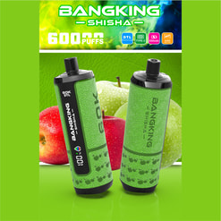 Two green BANGKING Shisha 6000 puff vaping devices with “BANGKING – SHISHA” text on a bright green ad background