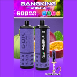 Promotional graphic for BANGKING Shisha with two purple 6000 puffs vape devices and “E-Shisha Head” text
