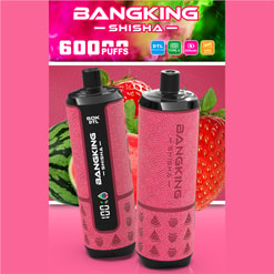 Two black and pink BanGking Shisha 60,000 puffs vape devices with strawberry and watermelon background and product text