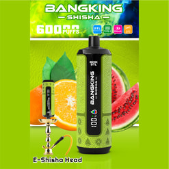 “BANGKING SHISHA” E-Shisha head device with fruit flavors and “6000 puffs” text on a green background
