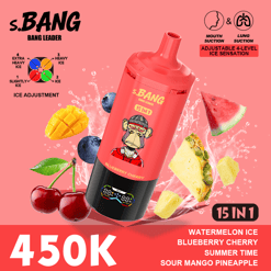 Red S.BANG 15-in-1 ice vape device with fruit and ice graphics on a pink background, 450K text