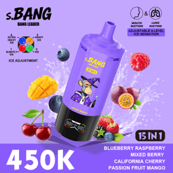 Purple S.BANG 15-in-1 drink bottle with mixed berry flavors and 450K energy promo text on a purple splash background
