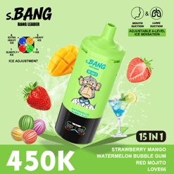 Green “S.BANG” bubble gum drink with strawberry, mango, watermelon, and “15 in 1” flavor callouts on a colorful ad