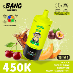 Bright yellow energy drink bottle labeled S.BANG with fruit ice, splash graphics, and “4.50K” 15-in-1 cola ice text