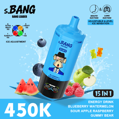 S. Bang 15 in 1 energy drink bottle with blueberry watermelon and fruit graphics on an icy splash background
