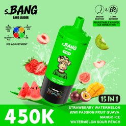 Green S.Bang 15-in-1 slush drink bottle with fruit graphics and “4.50K” price on a bright green background