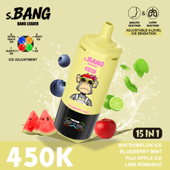 Yellow “S.BANG” iced drink bottle with fruit and ice, “15 in 1” label and flavor text on a pale background