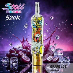 Bottle of Stoli Bang Leader Grape Ice with purple grape ice splash and floating ice cubes, text “520K” and “GRAPE ICE”