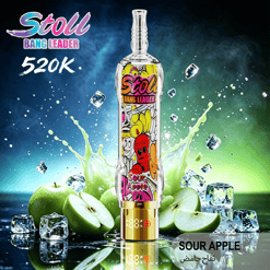 Tall Stoli Bang Leader bottle with comic label, surrounded by ice, apple slices, and “SOUR APPLE” text