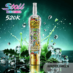 Stoli Bang Leader winter green bottle with icy cubes and green splash against a dark green background
