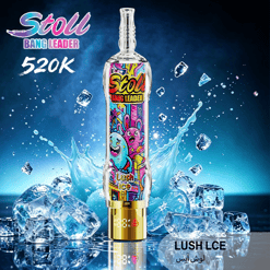 Stoli Bang Leader “Lush Ice” bottle with colorful label, surrounded by ice cubes and splashing water, blue background