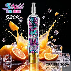 Stoli Bang Leader orange soda bottle with splashing citrus, ice cubes, and “ORANGE SODA” text on black background