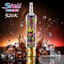 Tall “Stoll Bang Leader” Cola Ice bottle with ice cubes and splash, “520K” text on dark background