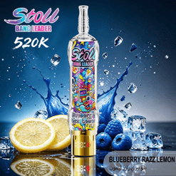 Stoli Bang Leader bottle with blueberry razz lemon label, with ice, lemon slices, and splash on blue background