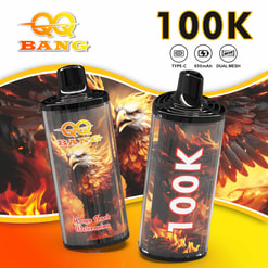 Two black vaping pods with eagles and “QQ BANG,” “1OOK,” and “650mAh” text on a fiery background