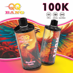 Two black vape pods with colorful “QQ Bang” branding and “Strawberry Mamba” on a bright promotional background labeled “100K”