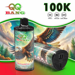 QQ BANG vape device with “1 00K” and “Watermelon ice” branding against a sky eagles background