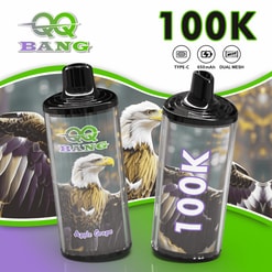 Two black vape pods with colorful “QQ BANG” and “100K” graphics, featuring an eagle illustration in the background