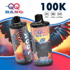 Two black vape pods with QQ BANG logo and 100K, Type-C 650mAh dual mesh icons, blueberry-raspberry design