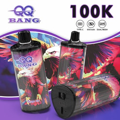 Vape device set with colorful tiger-bird graphics, featuring “QQ BANG” branding and 100K “Type-C 650mAh” callouts
