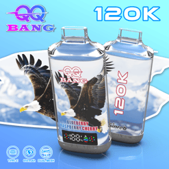 AQ Bang e-liquid bottles with BBANG logo, Blueberry Raspberry Cherry flavor text, and 120K headline on blue sky background