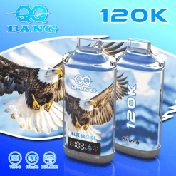 Two blue e-liquid bottles labeled BANG with bald eagle graphics, “120K” text, and charging features shown on a blue background