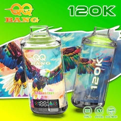 Two colorful disposable vape tanks labeled QQ Bang Strawberry Kiwi and 1,200K with Type-C, 650mAh and dual mesh text