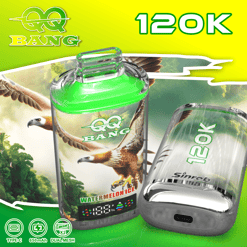Green vaping e-liquid bottle and pod device labeled 12OK with “AQG BANG” and “WATERMELON ICE” on a green background