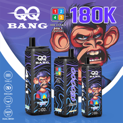 Promotional vape ad showing three oil tank 4 “Bang” bottles labeled 180K and “4 in 1 flavors” with cartoon character