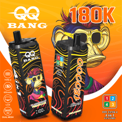 Gaming-style vape packaging featuring two oil tank devices labeled 180K BANG and Oil Tank 4 4-in-1 flavors