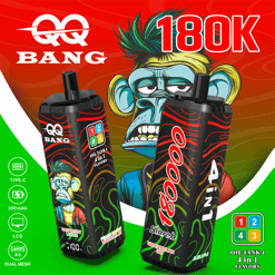 Gaming-style ad showing two black vape pods with red graphics, “Combo 180K Bang,” and a cartoon skeleton face