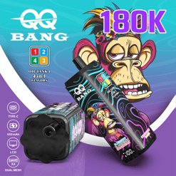 Funky graphic vape ad showing 18K Bang, a smiling monkey character, and oil tank 4-in-1 flavors 1–4