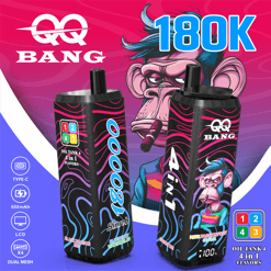 Two “18K” vaping devices with “Bang” branding, colorful flavor labels, and a cartoon angry face background
