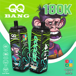 Gaming-style vape ad showing two black 4-in-1 oil tank bottles with neon wave graphics and angry cartoon character, 180k bang