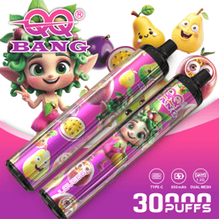 Colorful cartoon handheld gaming device with pear characters and “30 PUFFS” vaping text, “TYPE-C” and “650mAh” labels