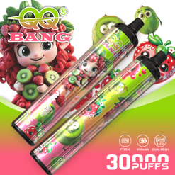 Colorful fruit-themed 3000mAh vape package artwork with cartoon berry and kiwi characters and USB Type-C label