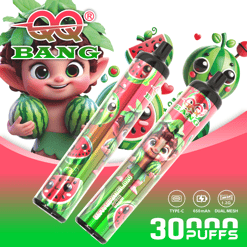 Bang cute cartoon characters holding watermelon-themed rechargeable vape pods with “30 puffs” text on packaging