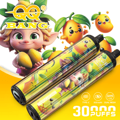 Colorful BANG characters and childlike animals with a yellow box-shaped vape battery showing 30 puffs, Type-C, 650mAh