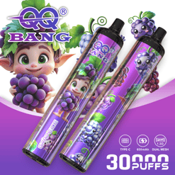 Purple grape-themed BANG vaping device ad with cute character holding grapes, showing two Type-C pods and 30 puffs text