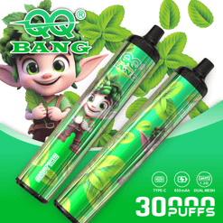 Gaming-style ad for BAN G vape with green leaves, two vape pods, Type-C 650mAh, and “30 PUFFS” text