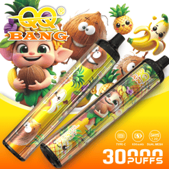 BanG Bean pineapple coconut e-cig with cartoon characters, dual mesh, Type-C, 650mAh, 30 puffs text on banner
