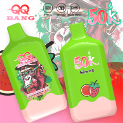 Green Sinrob water bottle pair with “50K” and “500 mAh” battery-capacity text in colorful ad design
