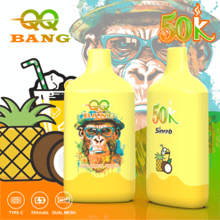 Two yellow vape bottles with “BANG” and “50K” labels, featuring an illustrated chimp in a summer theme background