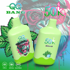 Colorful vape branding with two neon green bottles, “50K” label, and “Bang” text over a stylized face background