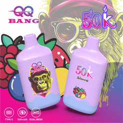 Cartoon gorilla wearing sunglasses behind two purple vape bottles labeled 50K and Bang, with “50K” in neon text