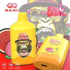 Colorful vape packaging with a yellow bottle, “50K” label, and Mango Peach Watermelon artwork on a background graphic