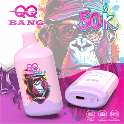 Gaming-themed vape product with “BQ BANQ” text, “500K” headline, and stylized dog illustration in pink and blue