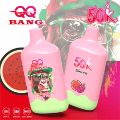 Two pink vape bottles in front of a gorilla face graphic with “500K” and “Watermelon Dragon Fruit” text